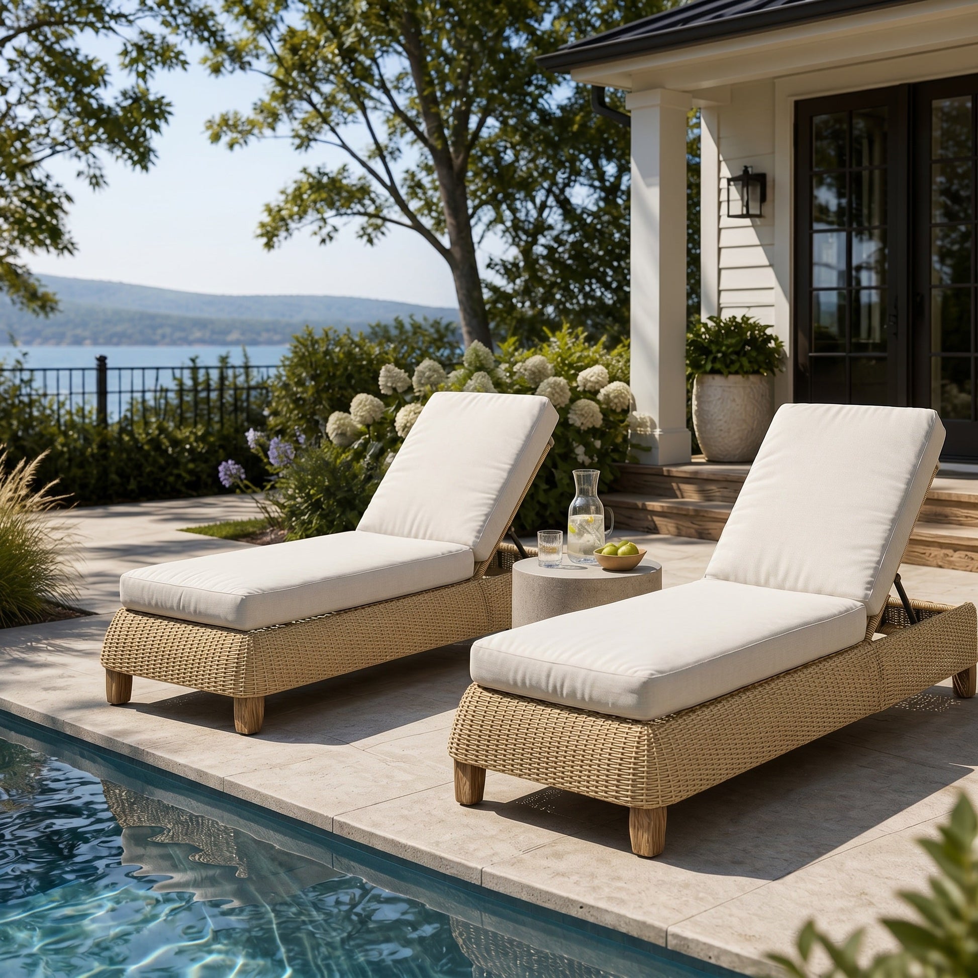 Adjustable outdoor wicker chaise lounges set of 2 with cream cushions HouseOfZazla on Tampa Home & Garden Store