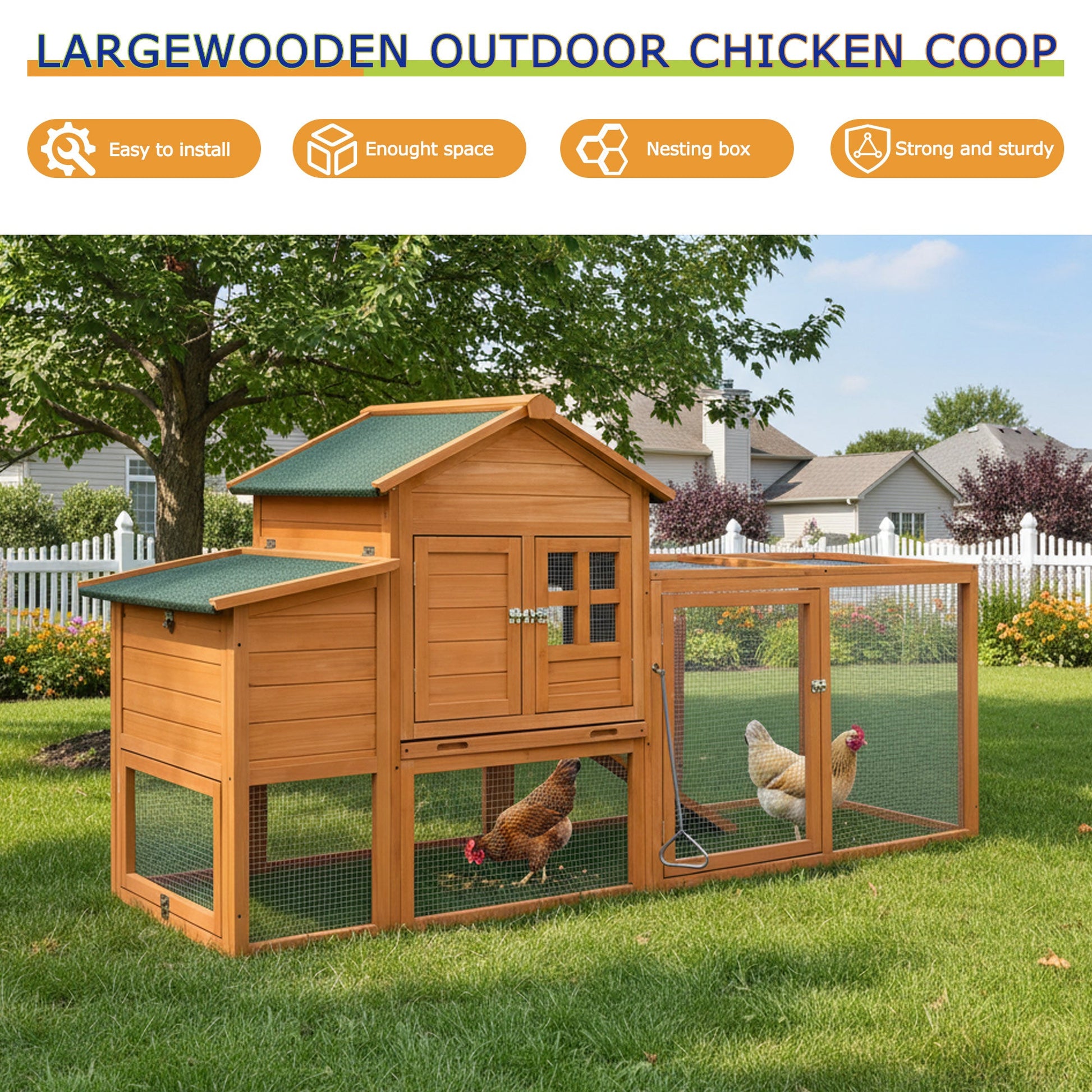 80in wooden chicken coop with nest box and wire mesh run outdoor hen house on Tampa Home & Garden Store