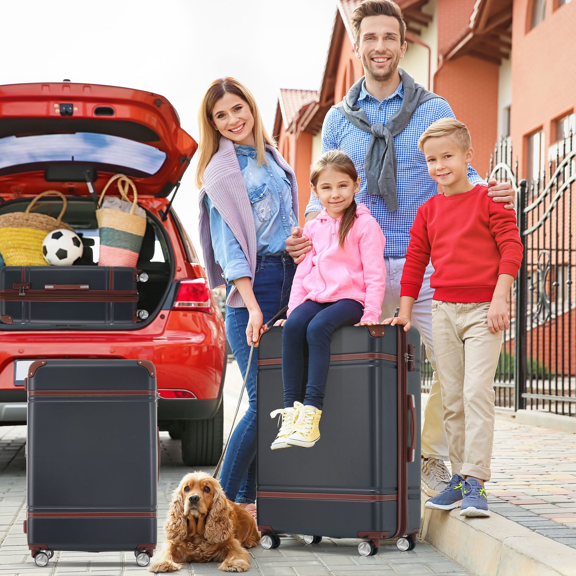 HouseOfZazla 3-piece hardshell luggage set with 20in/28in spinner cases, black with red trim on Tampa Home & Garden Store