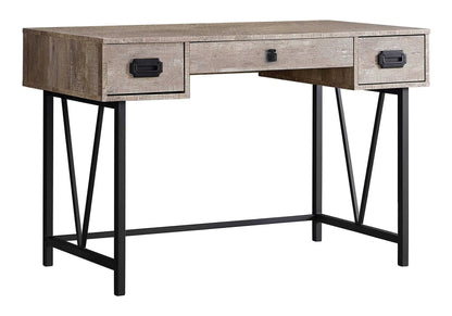 Writing desk with rustic wood finish two side drawers and a center drawer black metal legs on Tampa Home & Garden Store