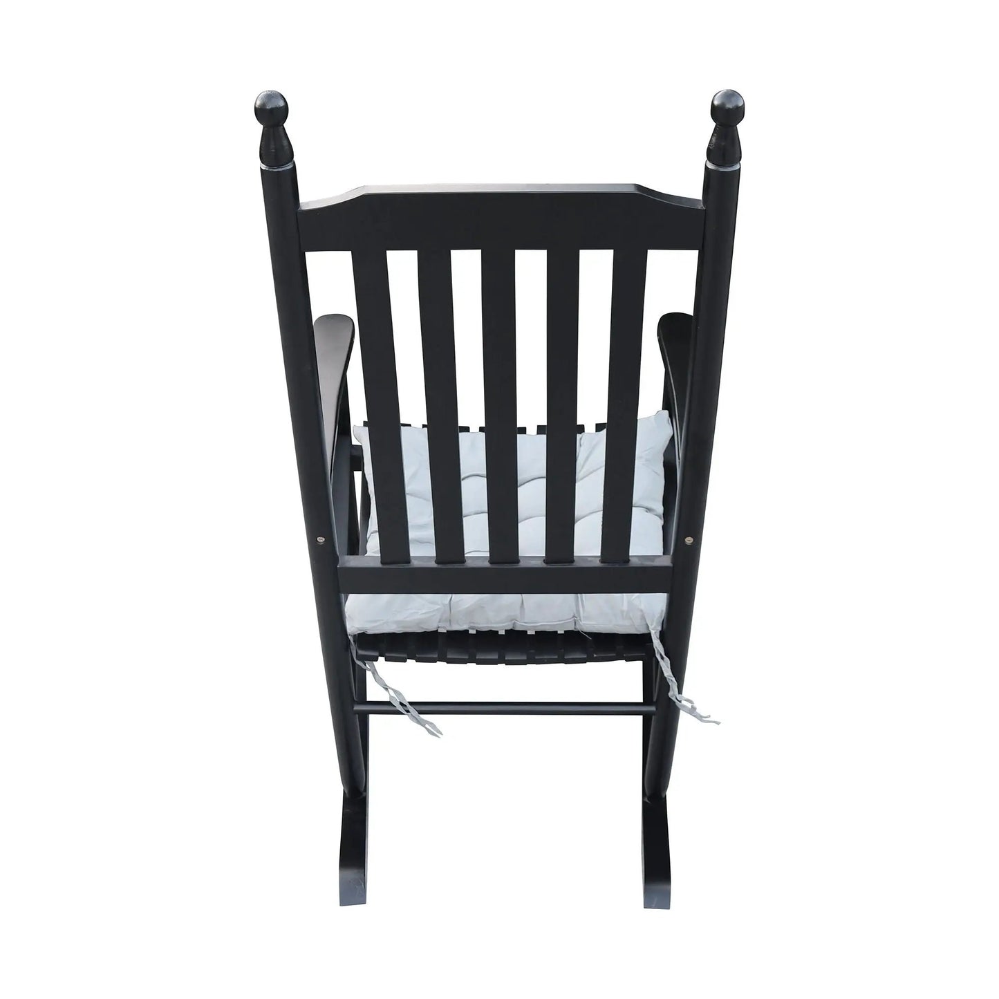 Wooden porch rocker chair in black finish with light gray cushion and slatted back on Tampa Home & Garden Store