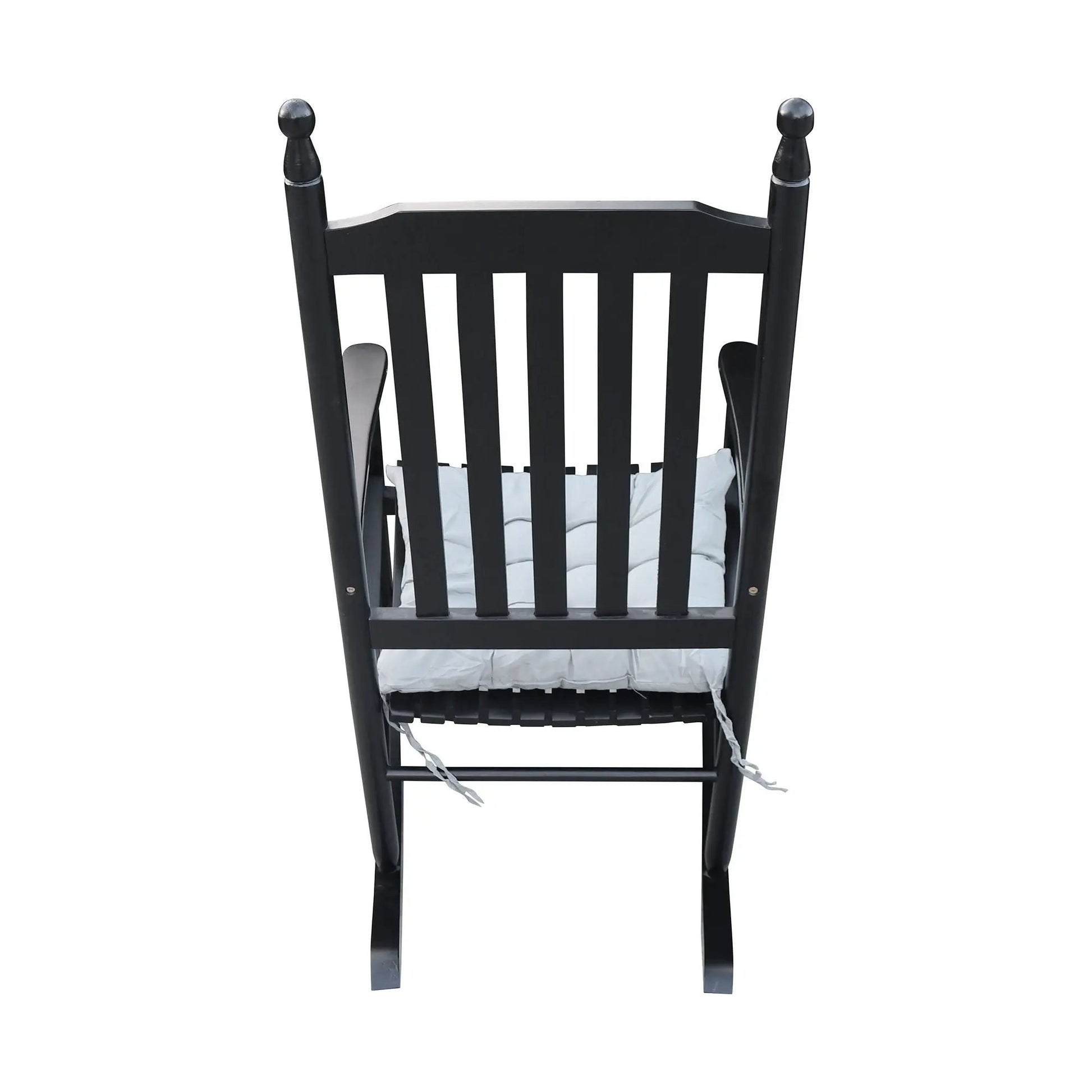 Wooden porch rocker chair in black finish with light gray cushion and slatted back on Tampa Home & Garden Store