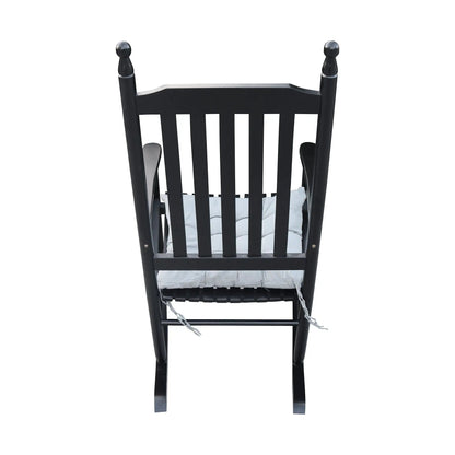 Wooden porch rocker chair in black finish with light gray cushion and slatted back on Tampa Home & Garden Store