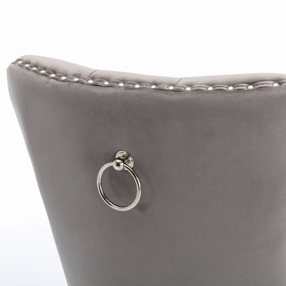 Nikki Collection gray velvet dining chair back with nailhead trim and metal ring pull on Tampa Home & Garden Store