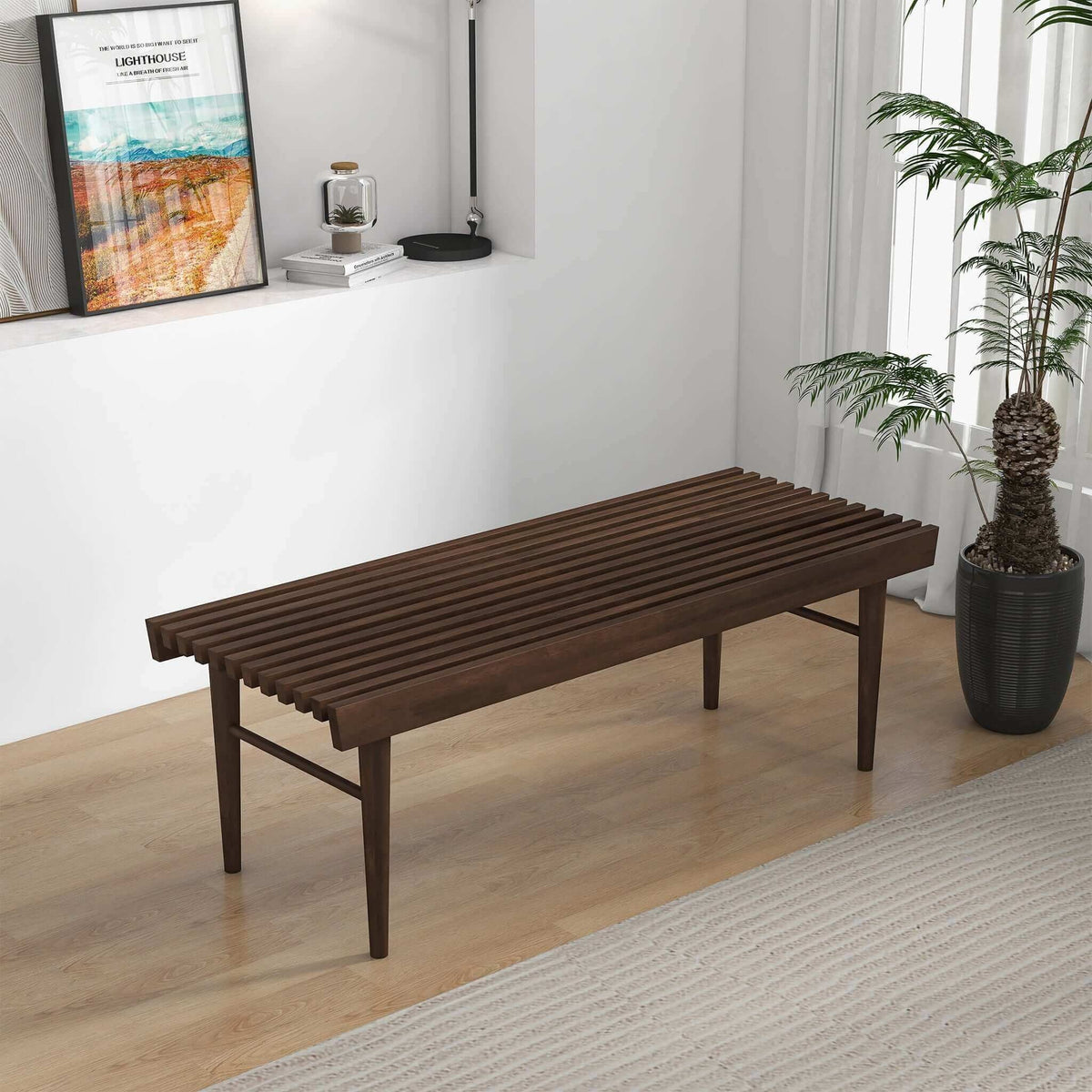 Dark brown slatted wood accent bench with solid frame in a modern entryway on Tampa Home & Garden Store