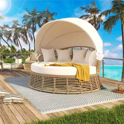 Patio Rattan Round Daybed and Retractable Canopy