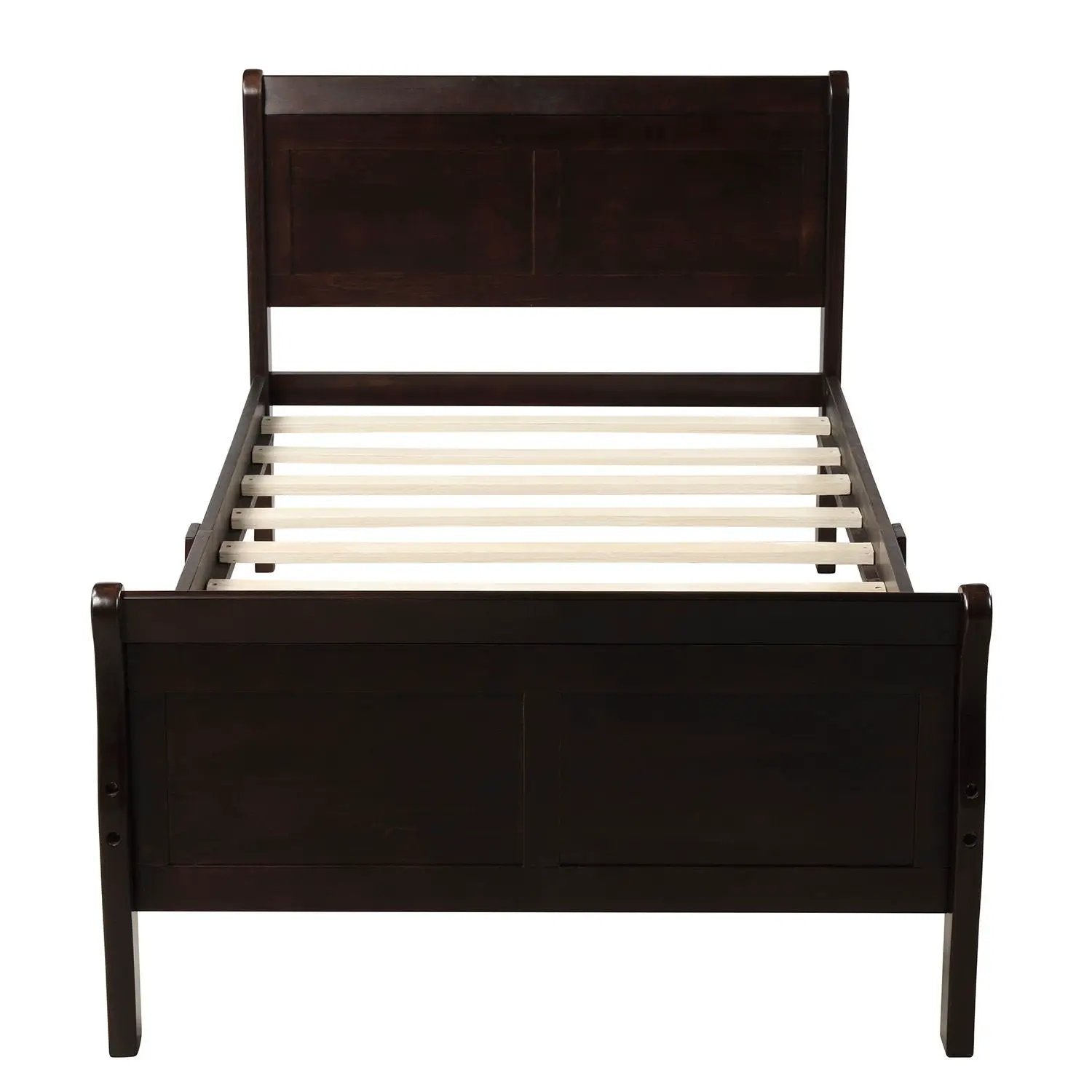 Platform bed frame in dark espresso with sleigh headboard and footboard, wood slat support on Tampa Home & Garden Store