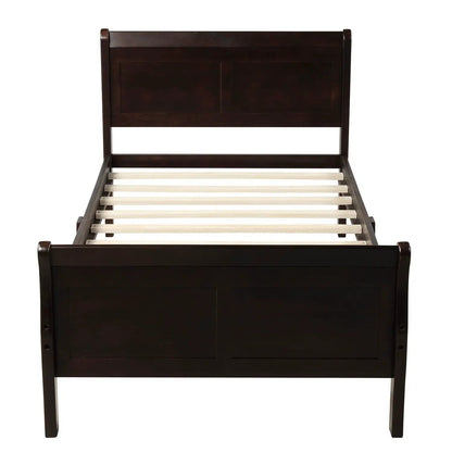 Platform bed frame in dark espresso with sleigh headboard and footboard, wood slat support on Tampa Home & Garden Store