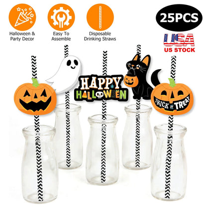 Halloween striped disposable drinking straws 25pc with ghost and pumpkin decor GemGear on Tampa Home & Garden Store