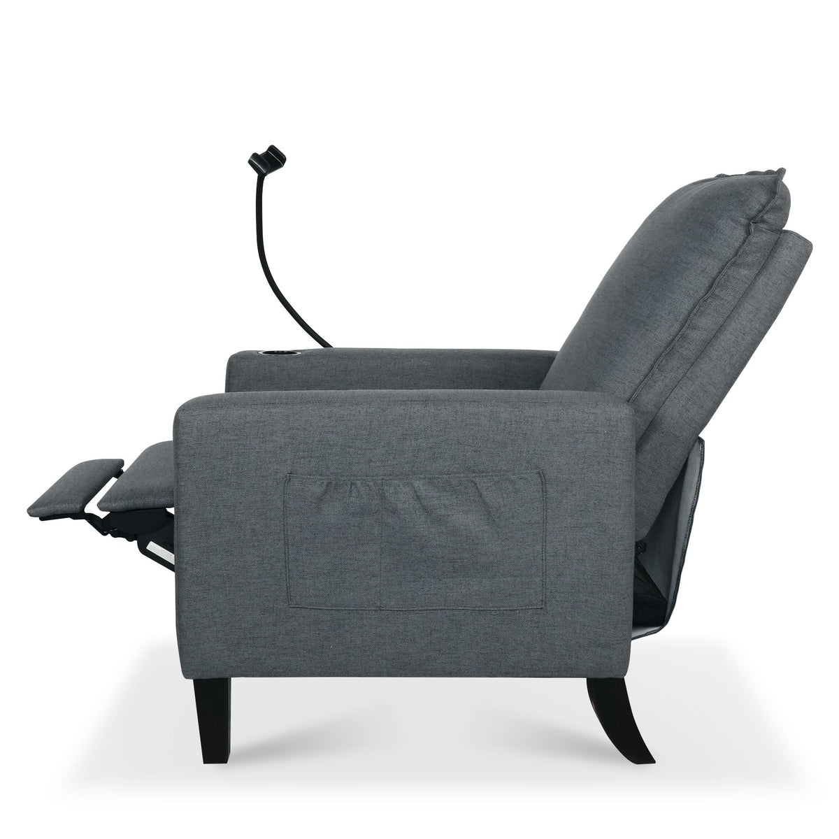 Recliner chair in gray fabric with cup holder and remote on arm on Tampa Home & Garden Store