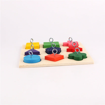 Parrot Training Toy 9 Color Wooden Blocks with metal rings on a wooden puzzle board on Tampa Home & Garden Store