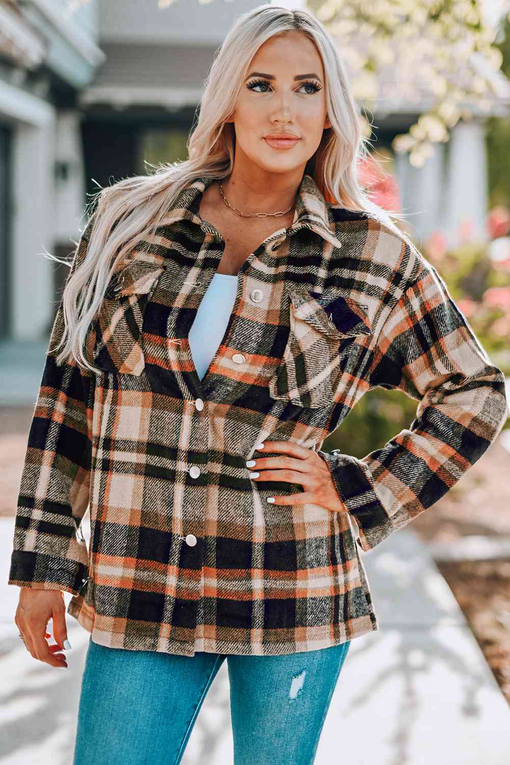 Classic Plaid Button Front Shirt Jacket with Breast Pockets by Stevvex beige plaid on Tampa Home & Garden Store