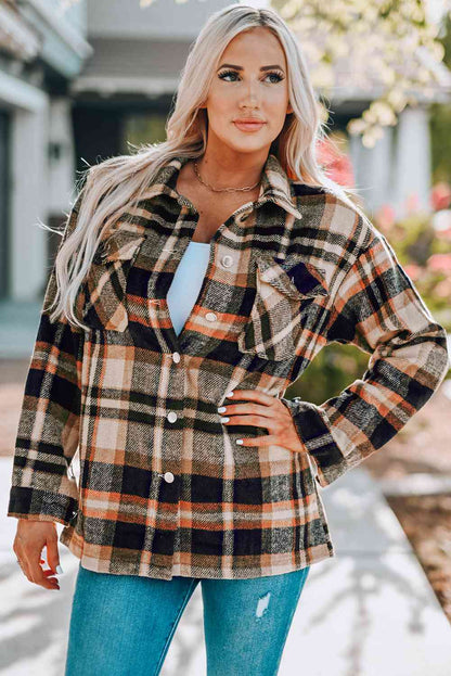 Classic Plaid Button Front Shirt Jacket with Breast Pockets by Stevvex beige plaid on Tampa Home & Garden Store