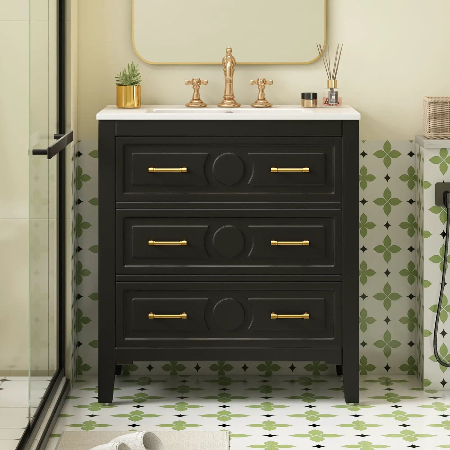 Retro bathroom vanity with sink, black cabinet, white countertop, gold hardware on Tampa Home & Garden Store