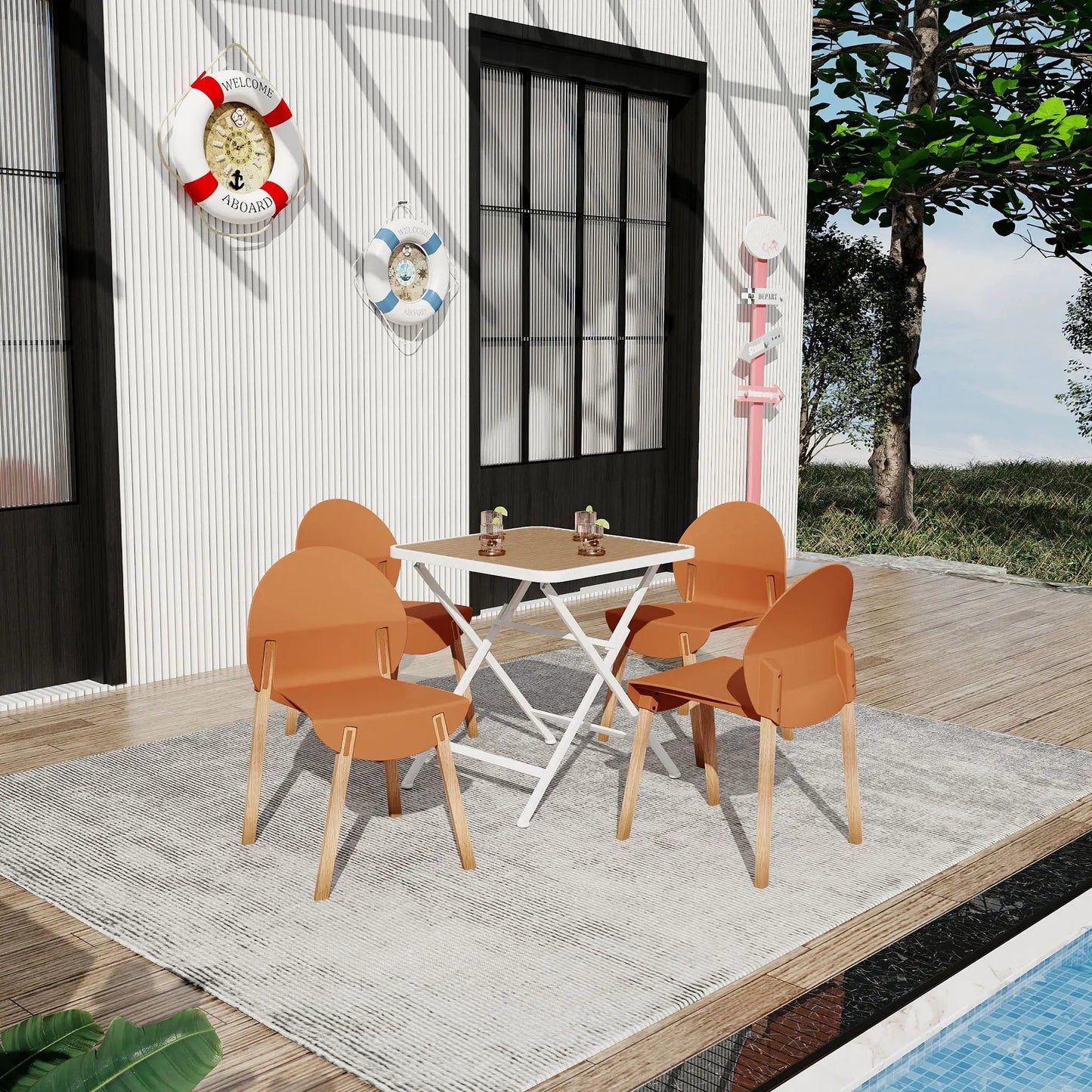 4 Piece Outdoor Set: 4 orange chairs with white folding square table on a wooden deck near wall on Tampa Home & Garden Store
