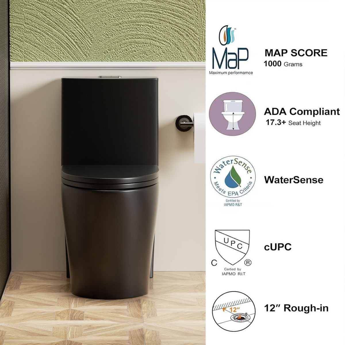 Toilet by HouseOfZazla with Tornado Flush and Dual Flush in black, ADA height on Tampa Home & Garden Store