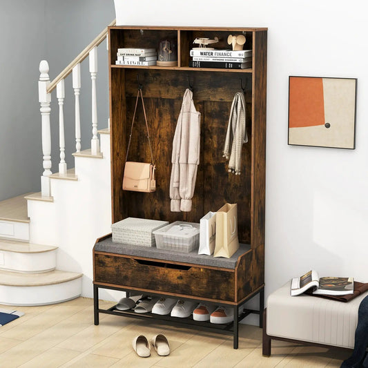 69 Inch hall tree with seat and shoe storage in rustic brown wood, coat hooks and upper cubbies on Tampa Home & Garden Store