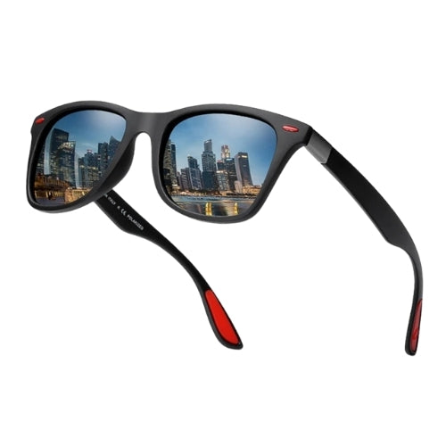 BikerZoneZ polarized square sunglasses with black frame, mirrored lenses, red temple tips on Tampa Home & Garden Store