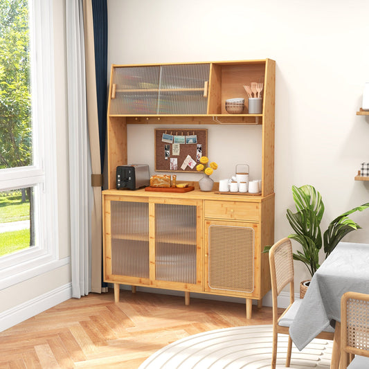 Mueble de cocina bar de vinos de 69 pulgadas con vidrio templado deslizante y puerta de ratán - Natural