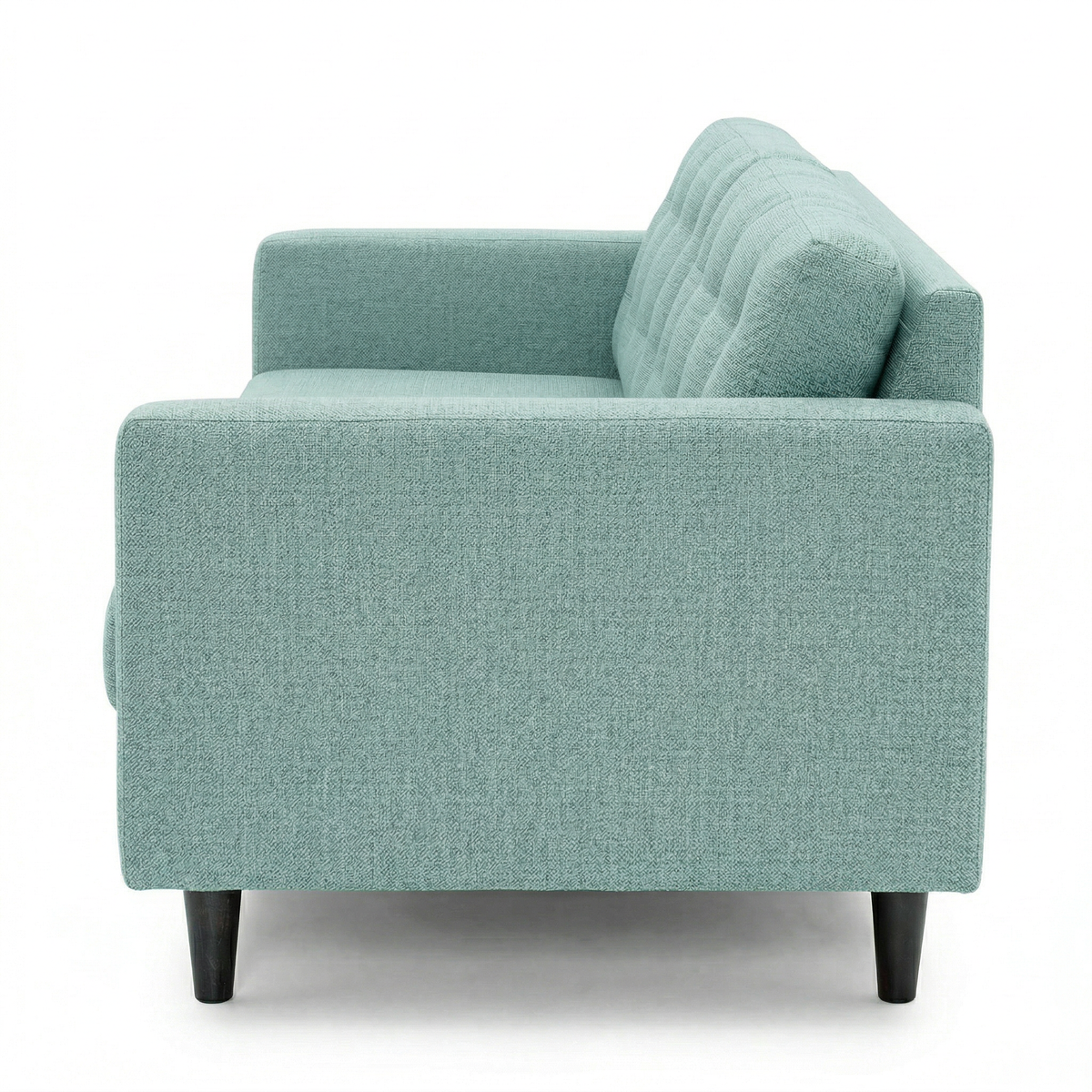 Talmadge Sofa teal textured fabric with square arms and tufted back cushion, dark wooden legs on Tampa Home & Garden Store