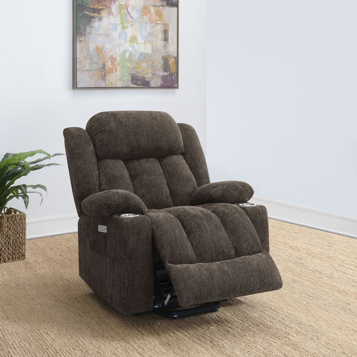 Beca upholstered power lift recliner with cupholders USB charging, pair of dark brown chairs on Tampa Home & Garden Store