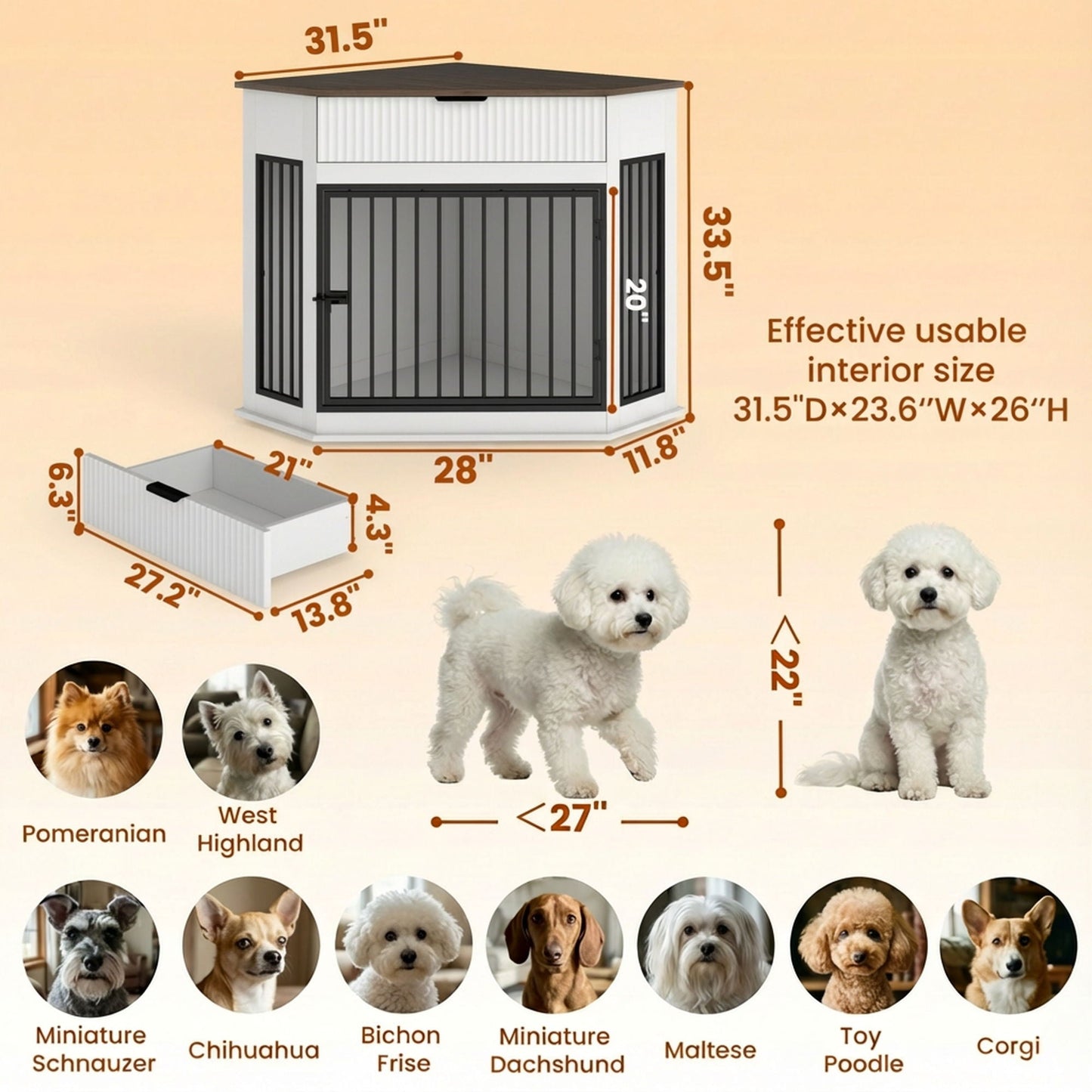 Corner Dog Crate by HouseOfZazla, white cabinet-style cage with black bars and front door on Tampa Home & Garden Store
