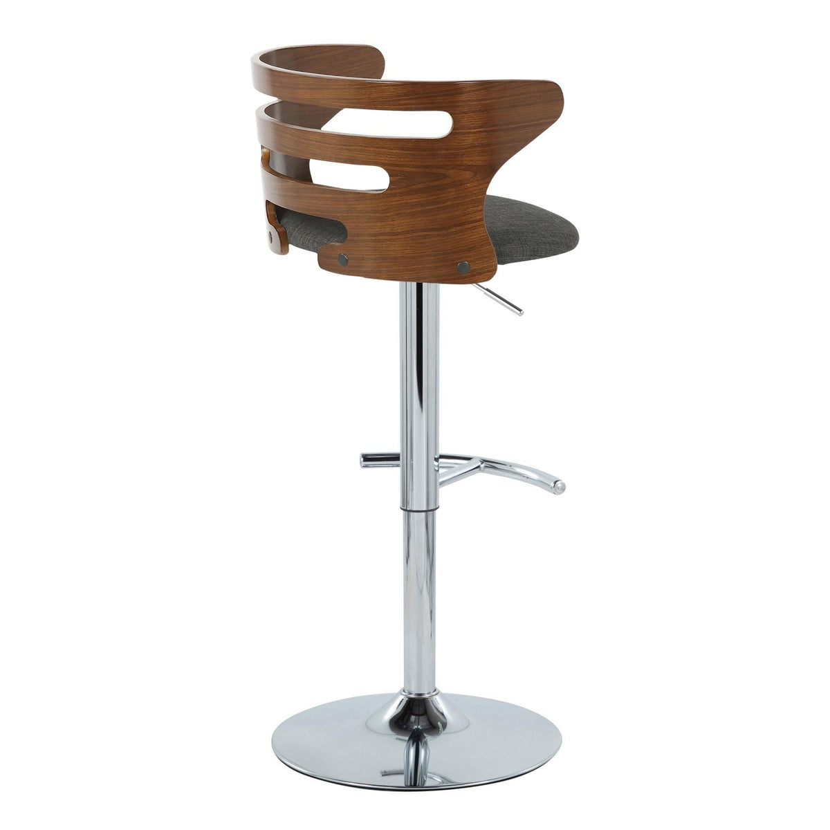 Barstool Mid Century Modern adjustable swivel with dark gray fabric seat and wood back on Tampa Home & Garden Store