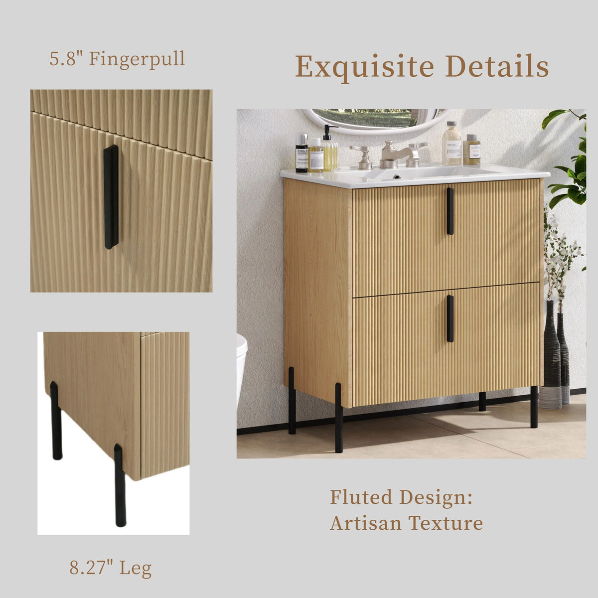 Bathroom vanity with ceramic sink and fluted light brown wood cabinet, black metal legs on Tampa Home & Garden Store