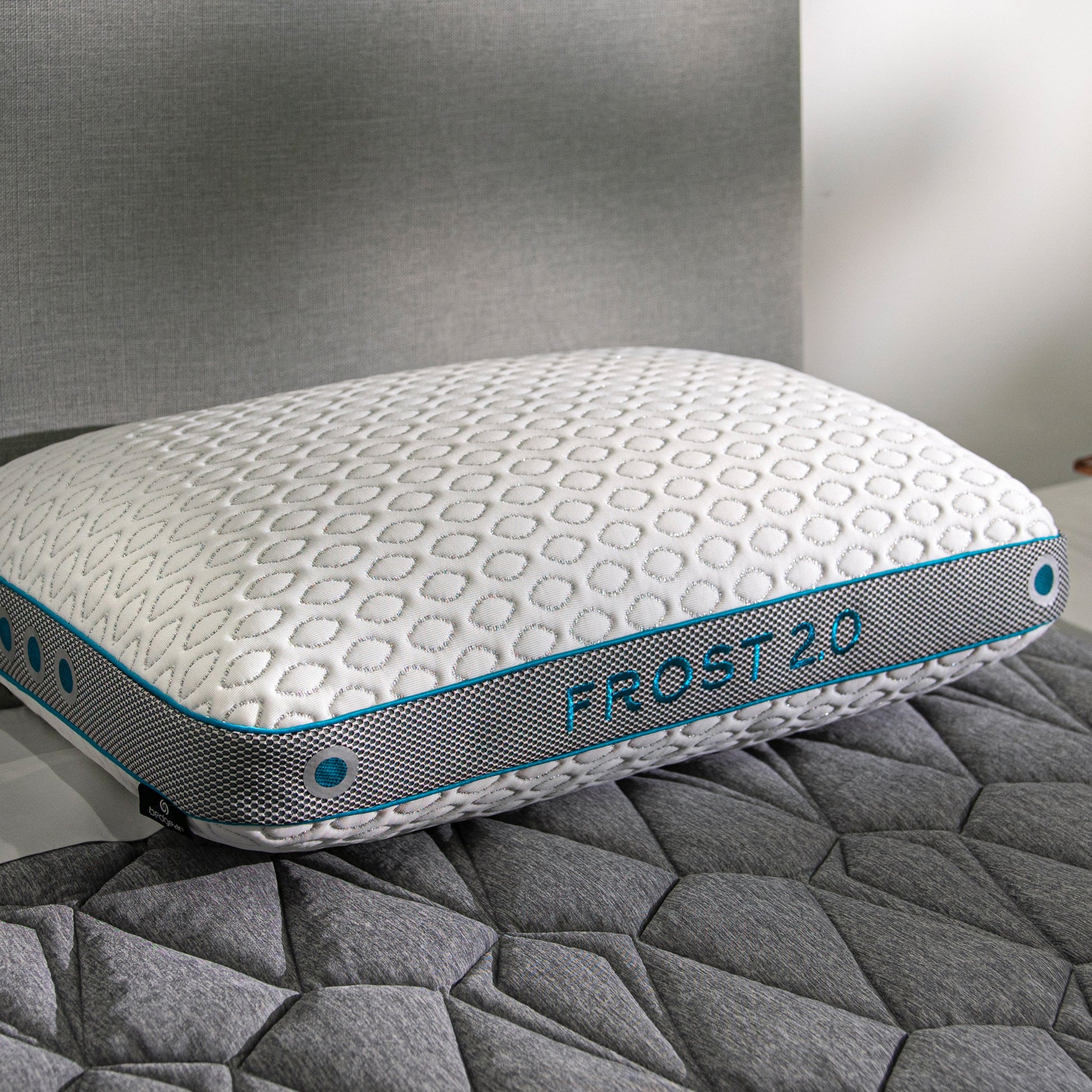 BedGear Frost Performance Pillow 2.0 cooling pillow with white dotted cover and turquoise trim on Tampa Home & Garden Store