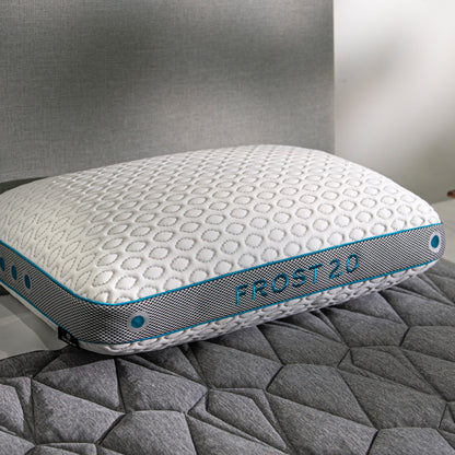 BedGear Frost Performance Pillow 2.0 cooling pillow with white dotted cover and turquoise trim on Tampa Home & Garden Store