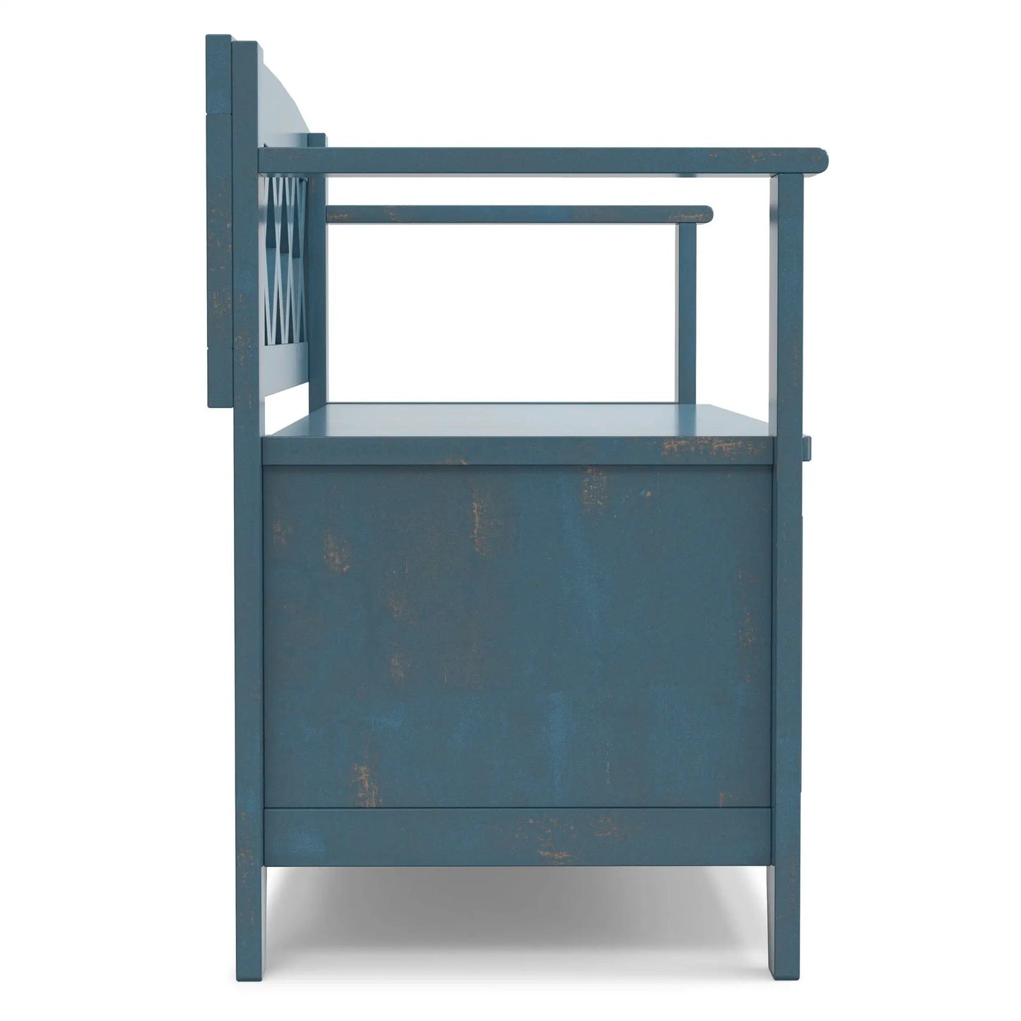 Amherst Handcrafted Entryway Storage Bench blue distressed metal frame with open shelf on Tampa Home & Garden Store