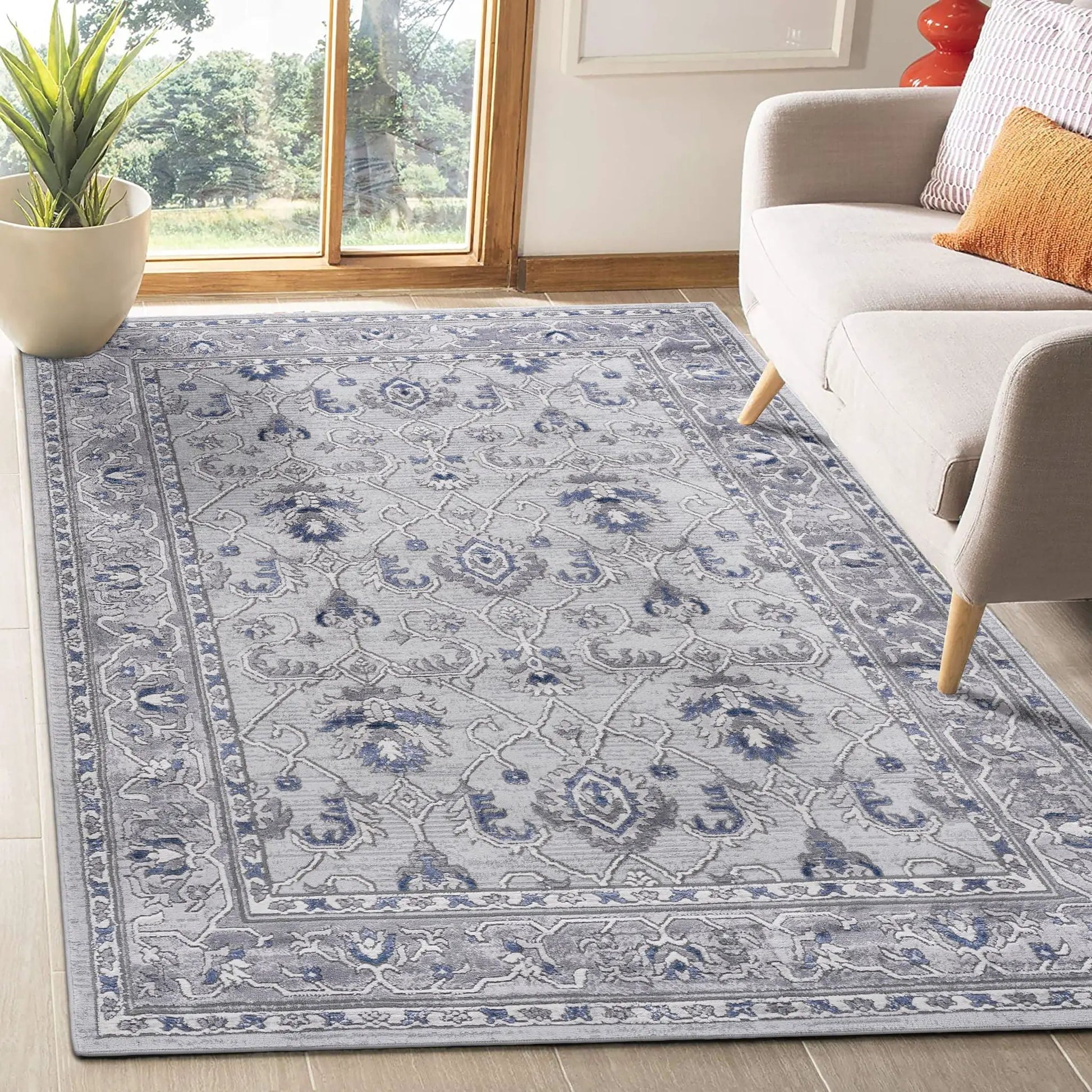 Marfi Oriental Rug runner blue gray with floral border by Unique Piece Furniture on Tampa Home & Garden Store