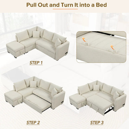 L-shaped sleeper sectional beige fabric with movable storage ottoman by Unique Piece Furniture on Tampa Home & Garden Store