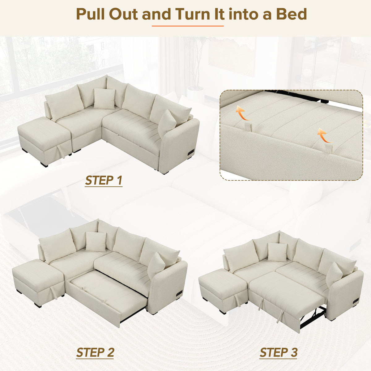 L-shaped sleeper sofa with pullout bed, beige storage ottoman, USB ports and power sockets on Tampa Home & Garden Store