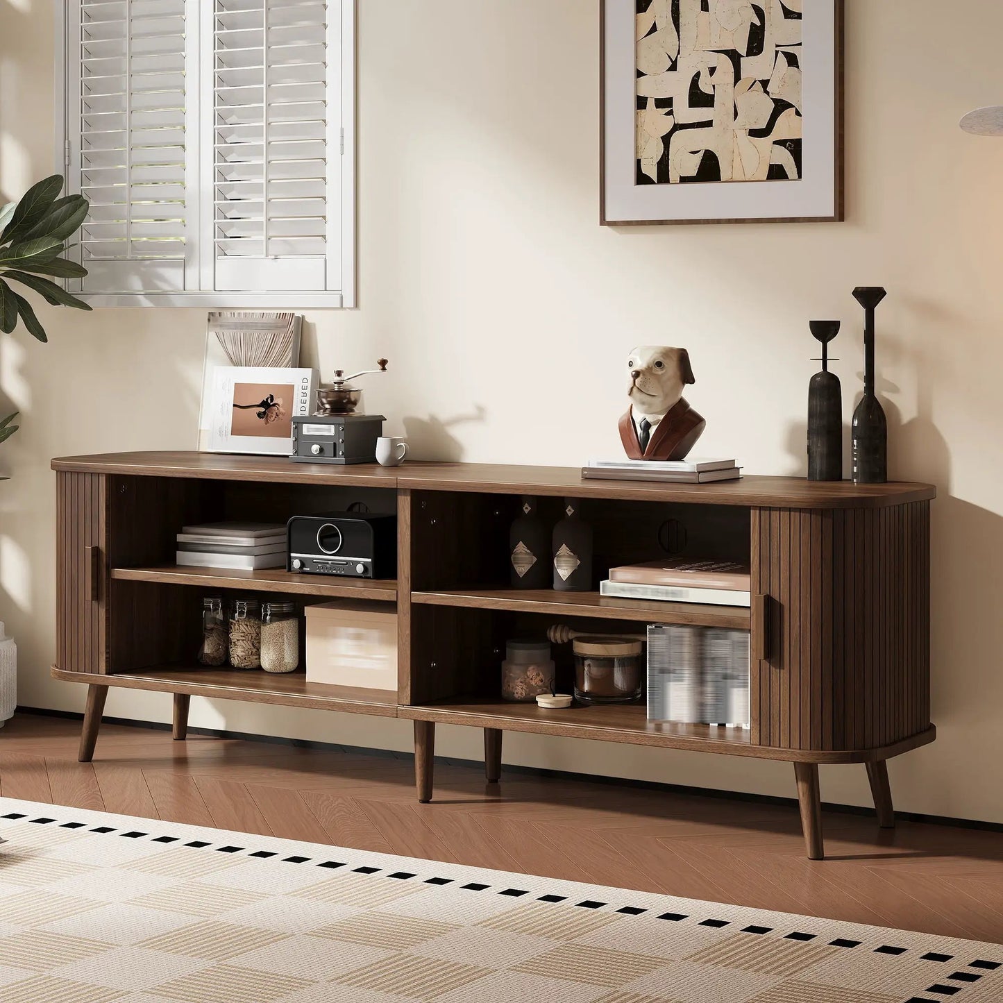 70-inch dark brown TV stand with ample storage, shelves and cabinets for media components on Tampa Home & Garden Store