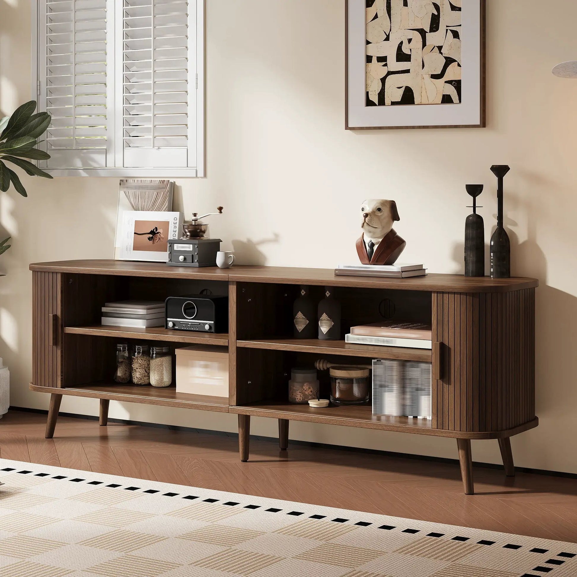 70-inch dark brown TV stand with ample storage, shelves and cabinets for media components on Tampa Home & Garden Store