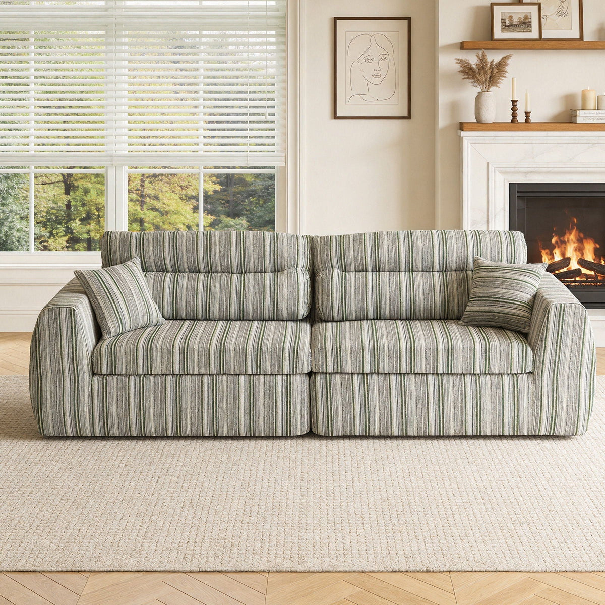 3 Seater Stationary Sofa in striped green-gray upholstery with 2 throw pillows in a living room on Tampa Home & Garden Store