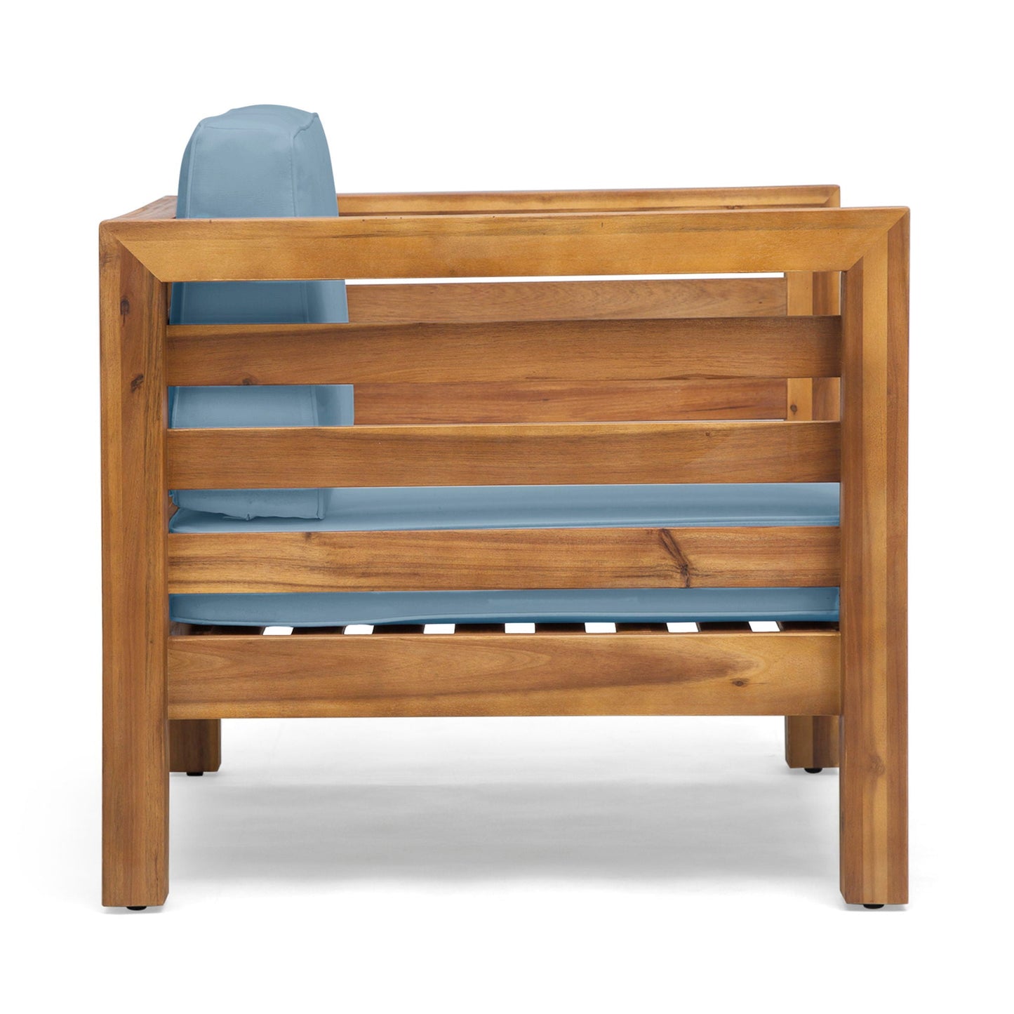 Outdoor Acacia Wood Patio Arm Chair with blue fabric cushion, slatted frame on Tampa Home & Garden Store