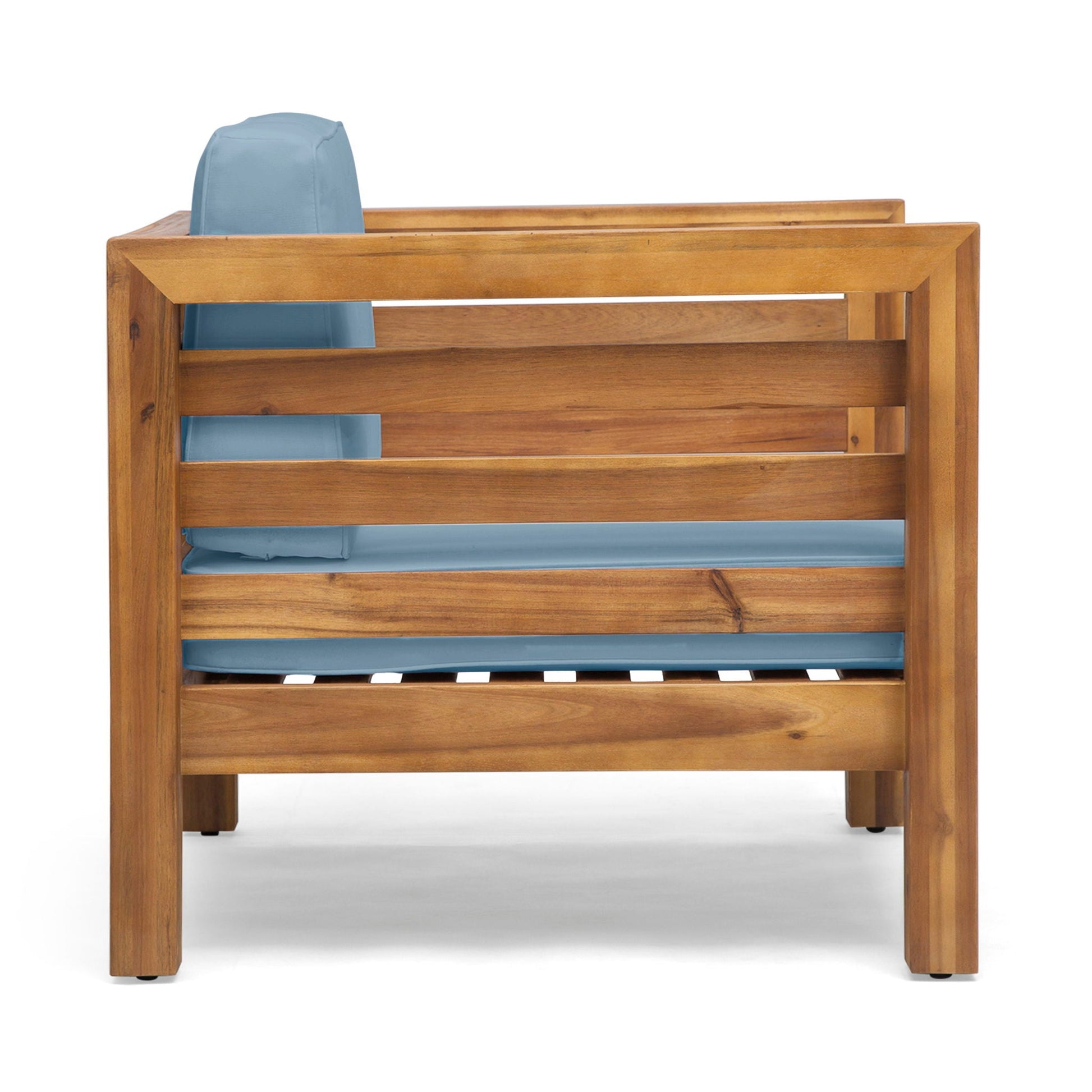 Outdoor Acacia Wood Patio Arm Chair with blue fabric cushion, slatted frame on Tampa Home & Garden Store