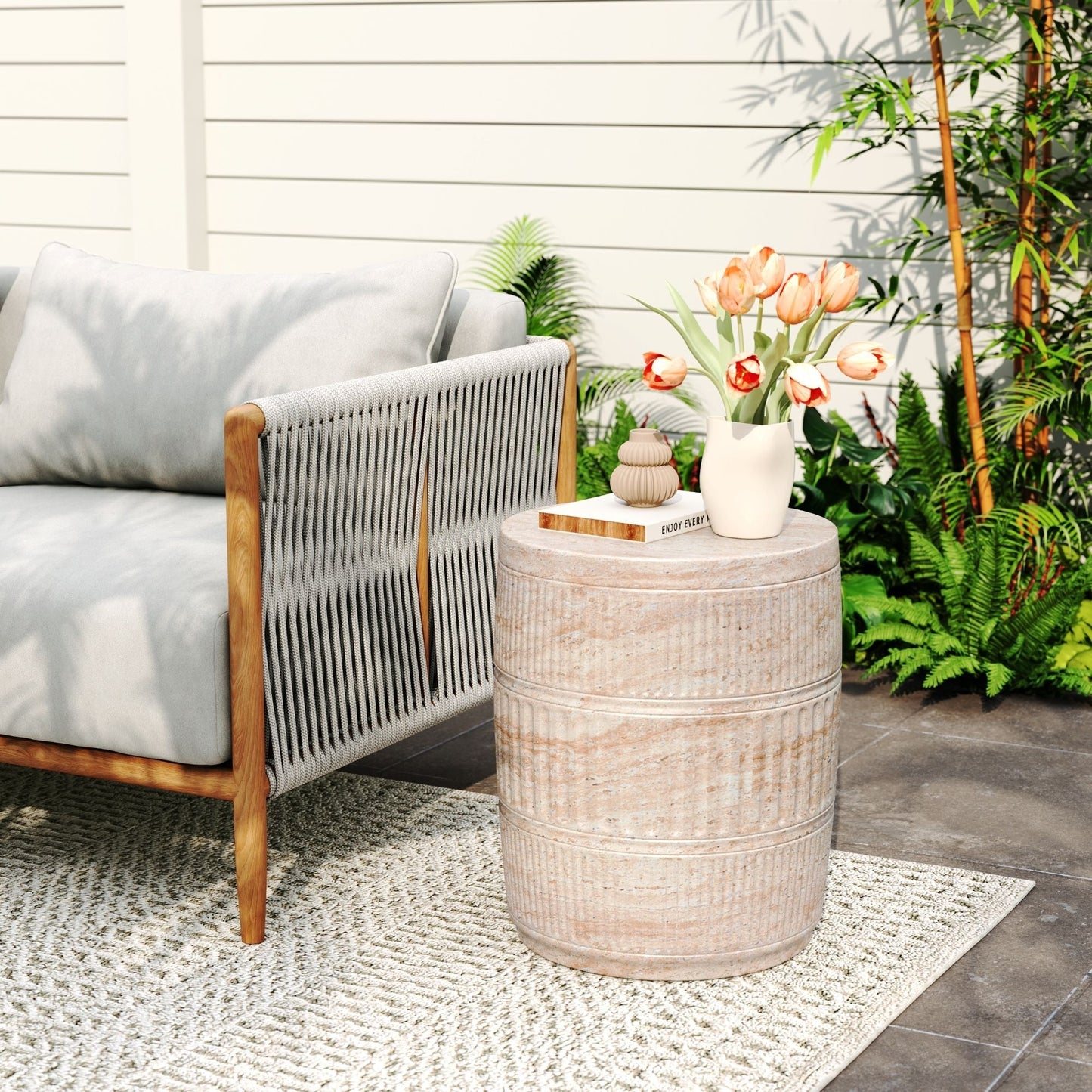 HouseOfZazla beige travertine concrete side table lightweight round outdoor furniture on Tampa Home & Garden Store