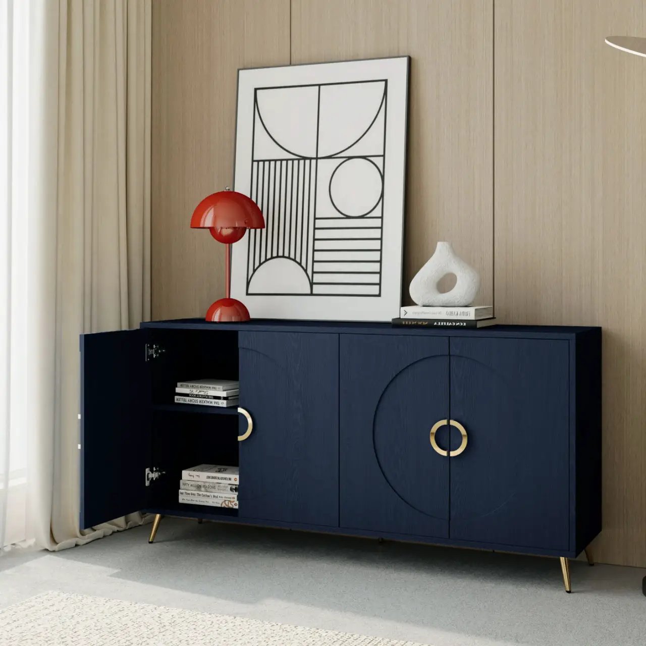 Lacquered navy blue 4-door sideboard with circular gold handles and open left cabinet on Tampa Home & Garden Store