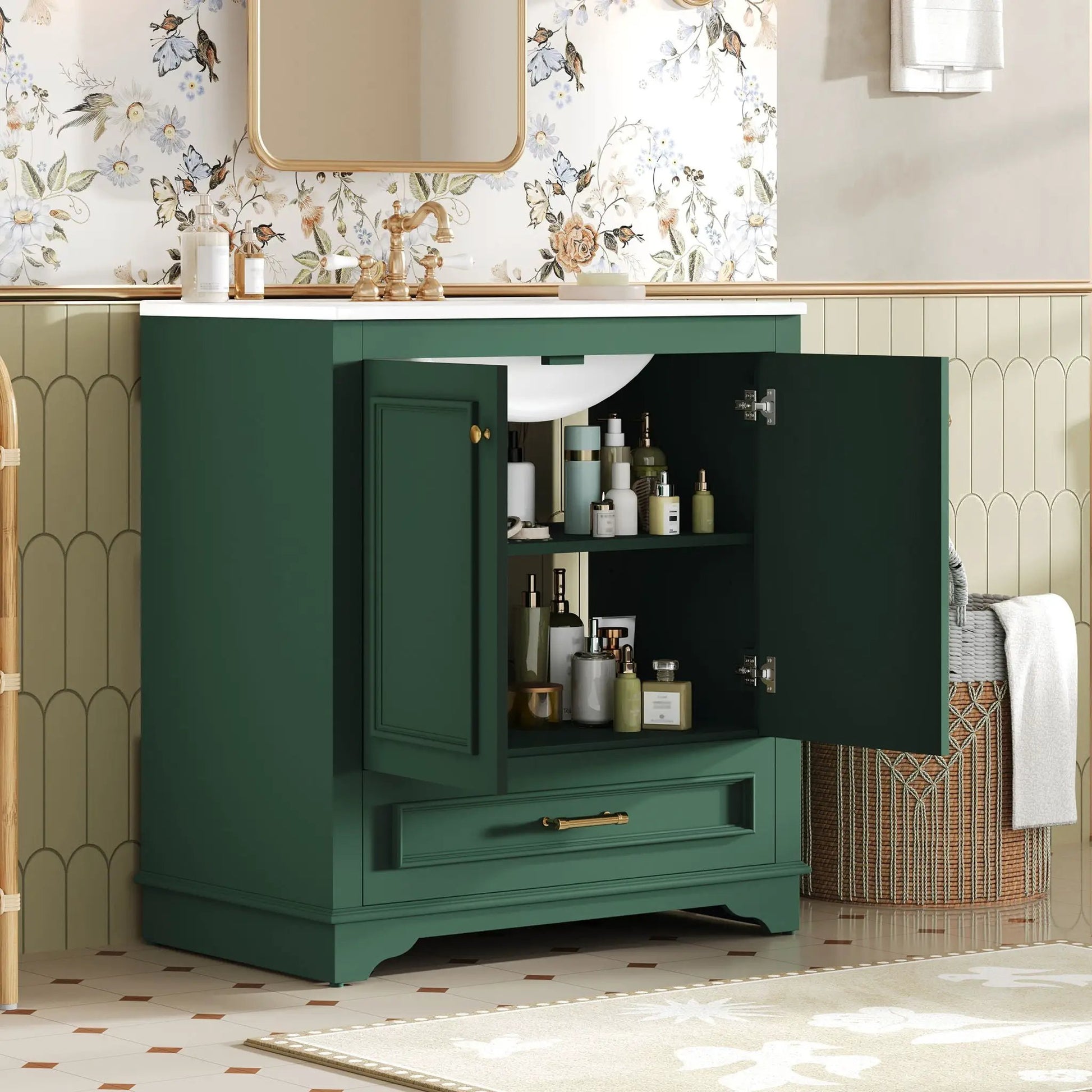 Vanity with sink, green, brass faucet by Unique Piece Furniture on Tampa Home & Garden Store