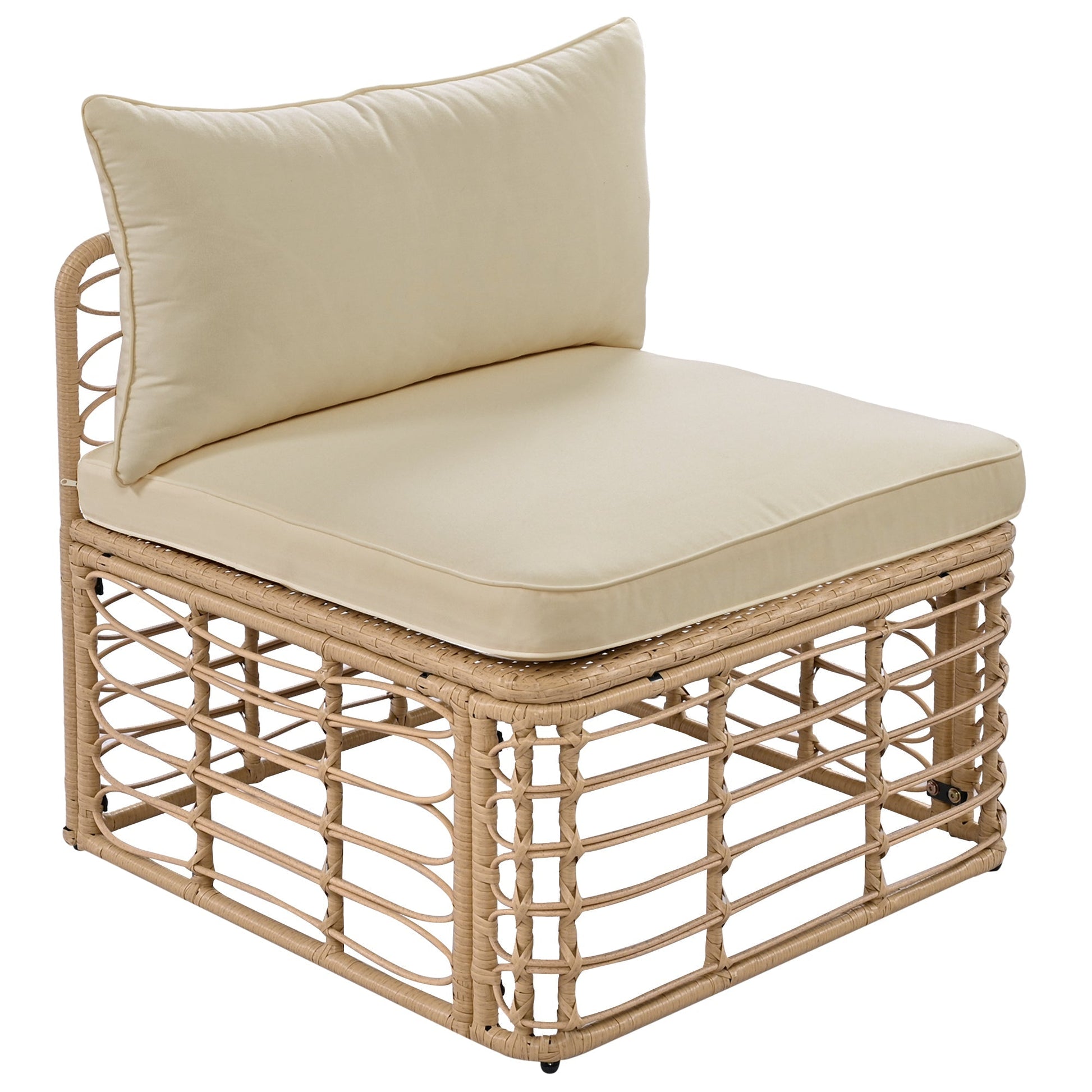 Outdoor rattan lounge chair with thick beige cushions and woven frame on Tampa Home & Garden Store
