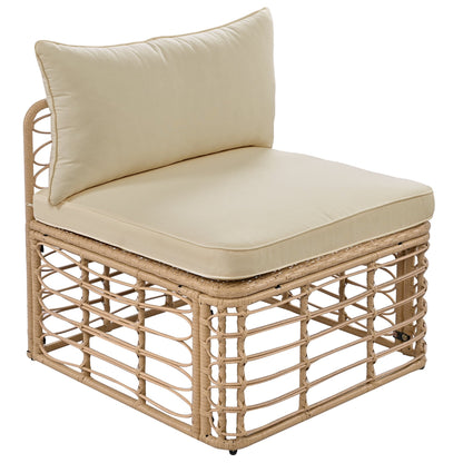 Outdoor rattan lounge chair with thick beige cushions and woven frame on Tampa Home & Garden Store