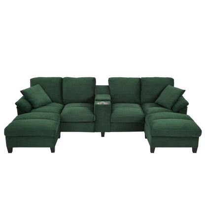Modern U-Shaped Sectional Sofa With Storage Ottomans in green corduroy and cupholders on Tampa Home & Garden Store