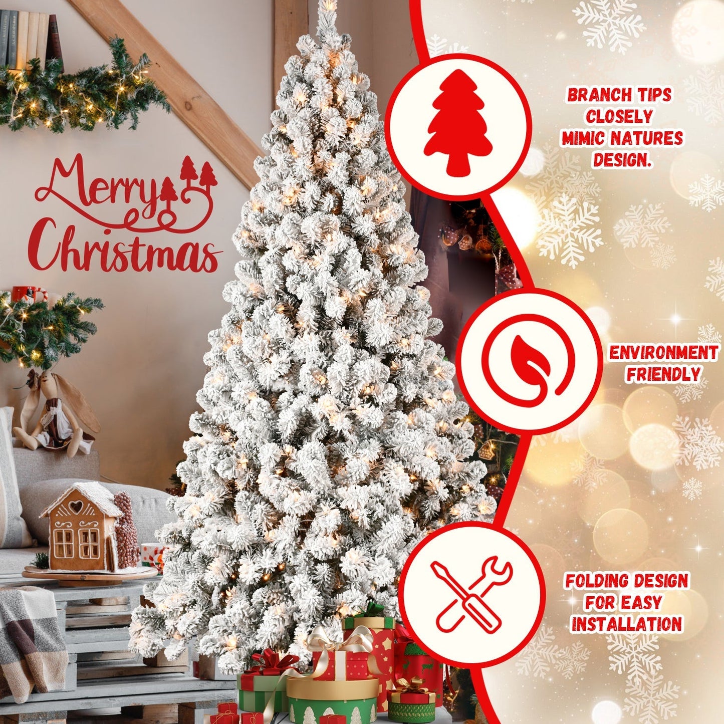 9-Foot pre-lit snow-flocked Christmas tree by HouseOfZazla with warm white lights in a cozy living room on Tampa Home & Garden Store