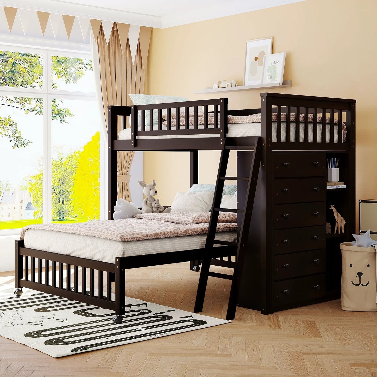Dark wood bunk bed with 6-drawer dresser and wheeled bottom bed from Unique Piece Furniture on Tampa Home & Garden Store