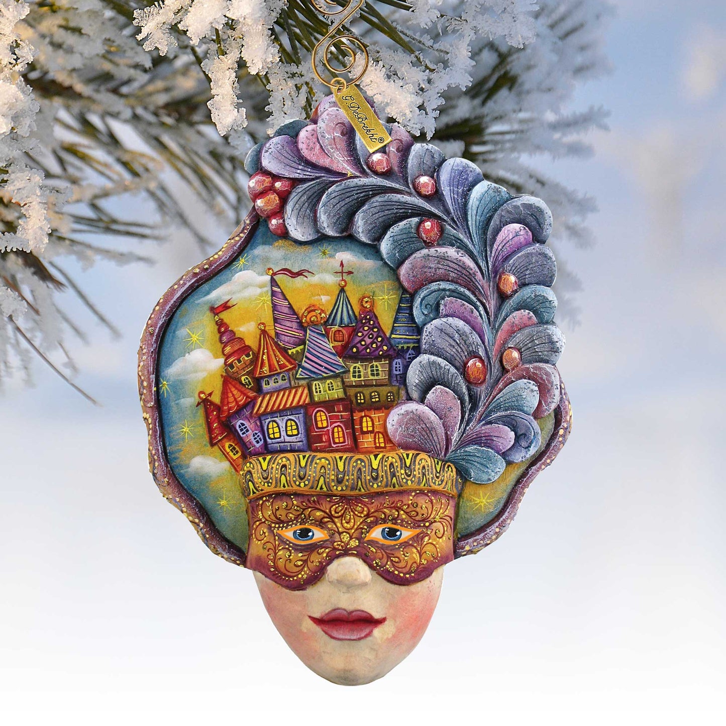 Castle Carnival Mask Sculpted Ornament by G. DeBrekht with colorful feathered headdress on Tampa Home & Garden Store