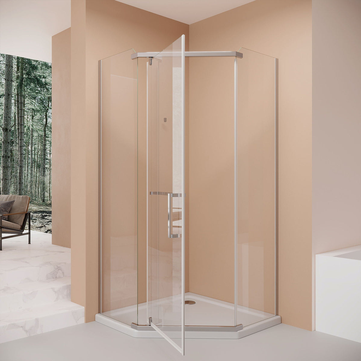 Frameless Neo Angle Shower Door tempered glass pearl silver hardware HouseOfZazla on Tampa Home & Garden Store