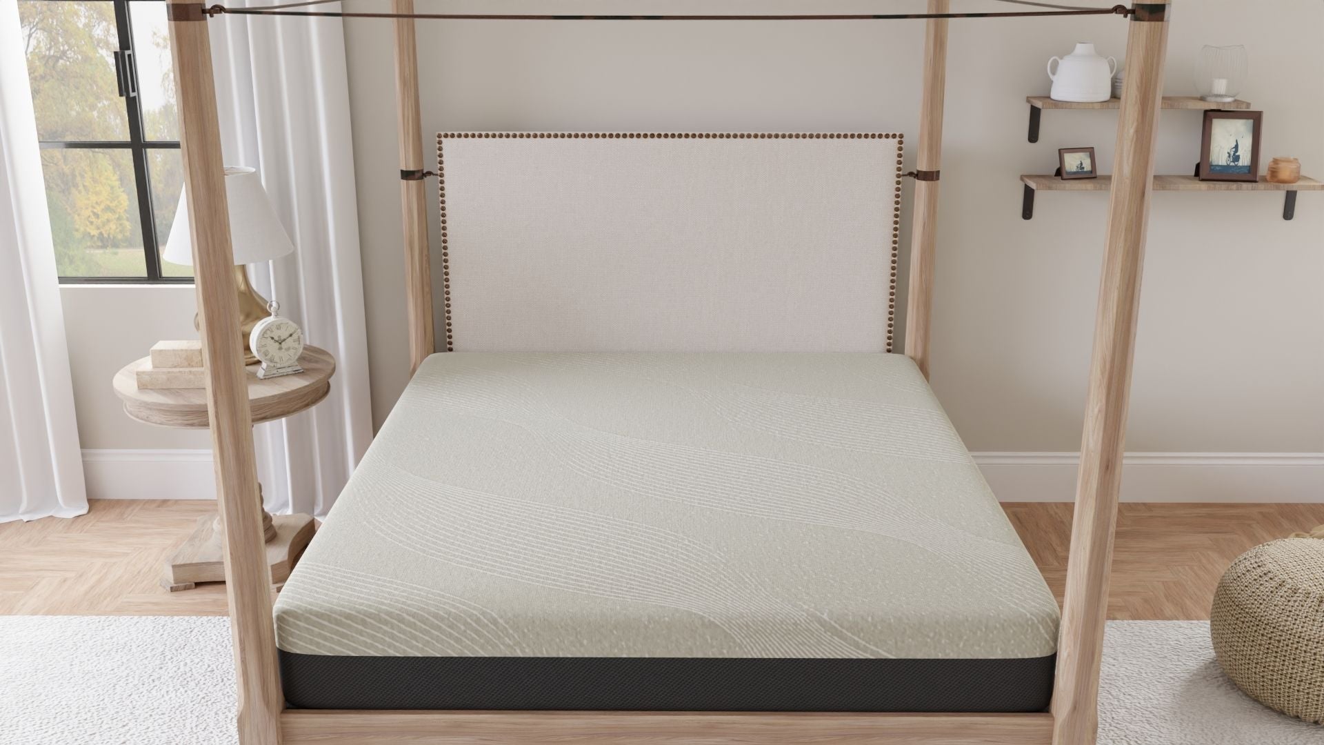 12in Comfort Series memory foam mattress on a light wood canopy bed with beige headboard on Tampa Home & Garden Store